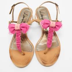 Lanvin Light Brown/Pink Leather and Fabric Bow Thong Ankle Strap Sandals Size 37
