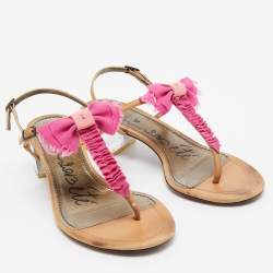 Lanvin Light Brown/Pink Leather and Fabric Bow Thong Ankle Strap Sandals Size 37