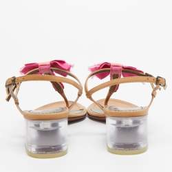 Lanvin Light Brown/Pink Leather and Fabric Bow Thong Ankle Strap Sandals Size 37