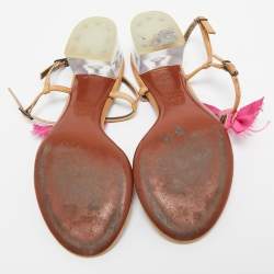 Lanvin Light Brown/Pink Leather and Fabric Bow Thong Ankle Strap Sandals Size 37