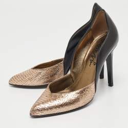 Pre Owned Lanvin Metallic/Black Embossed Python and Leather Pumps Size 38