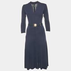 Pre Owned Lauren Ralph Lauren Navy Blue Jersey Belted V-Neck Midi Dress S
