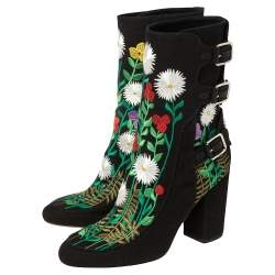 Laurence Dacade Black Flower Embroidered Canvas Ankle Boots Size 40.5