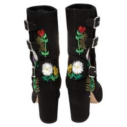 Laurence Dacade Black Flower Embroidered Canvas Ankle Boots Size 40.5