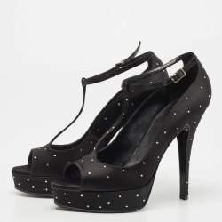 Pre Owned Laurence Dacade Black Satin Crystal Peep Toe  T-Strap Pumps Size 38.5