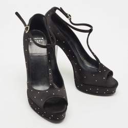 Pre Owned Laurence Dacade Black Satin Crystal Peep Toe  T-Strap Pumps Size 38.5