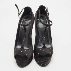 Pre Owned Laurence Dacade Black Satin Crystal Peep Toe  T-Strap Pumps Size 38.5