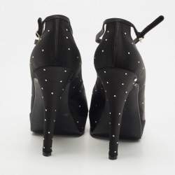 Pre Owned Laurence Dacade Black Satin Crystal Peep Toe  T-Strap Pumps Size 38.5