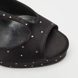 Pre Owned Laurence Dacade Black Satin Crystal Peep Toe  T-Strap Pumps Size 38.5