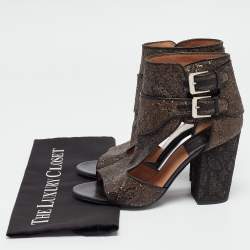 Pre Owned Laurence Dacade Bronze/Black Glitter and Leather Ankle Strap Sandals Size 39.5