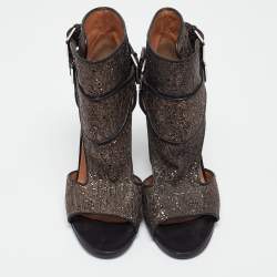 Pre Owned Laurence Dacade Bronze/Black Glitter and Leather Ankle Strap Sandals Size 39.5