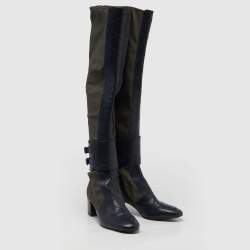 Laurence Dacade Blue/Olive Green Fabric and Quilted Leather Over The Knee Length Boots Size 40