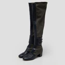 Laurence Dacade Blue/Olive Green Fabric and Quilted Leather Over The Knee Length Boots Size 40