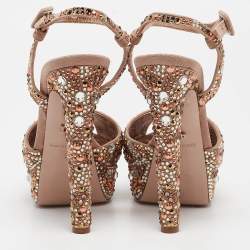 Pre Owned Le Silla Brown Suede Crystal Embellished Platform Ankle Strap Sandals Size 36
