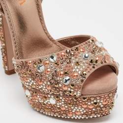 Pre Owned Le Silla Brown Suede Crystal Embellished Platform Ankle Strap Sandals Size 36