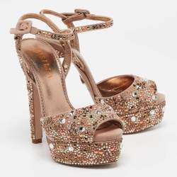 Pre Owned Le Silla Brown Suede Crystal Embellished Platform Ankle Strap Sandals Size 36