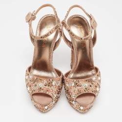 Pre Owned Le Silla Brown Suede Crystal Embellished Platform Ankle Strap Sandals Size 36
