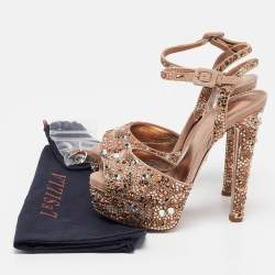 Pre Owned Le Silla Brown Suede Crystal Embellished Platform Ankle Strap Sandals Size 36