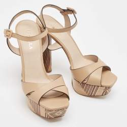 Le Silla Beige Leather Ankle Strap Platform Sandals Size 39