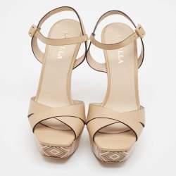 Le Silla Beige Leather Ankle Strap Platform Sandals Size 39