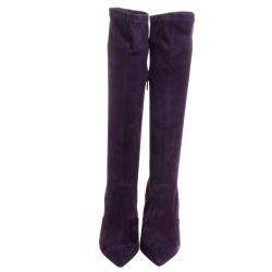 Pre Owned Le Silla Purple Stretch Velour Knee High Pointed Toe Boots Size 40