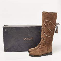 Pre Owned Le Silla Brown Laser Cut Suede Whipstitched Knee Length Boots Size 37