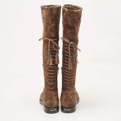 Pre Owned Le Silla Brown Laser Cut Suede Whipstitched Knee Length Boots Size 37