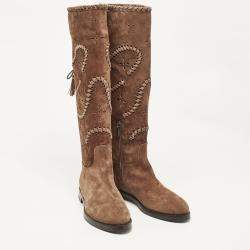 Pre Owned Le Silla Brown Laser Cut Suede Whipstitched Knee Length Boots Size 37