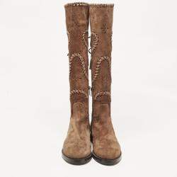 Pre Owned Le Silla Brown Laser Cut Suede Whipstitched Knee Length Boots Size 37