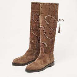 Pre Owned Le Silla Brown Laser Cut Suede Whipstitched Knee Length Boots Size 37