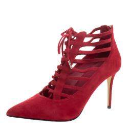 Pre Owned Le Silla Red Suede Caged Lace Up Ankle Boots Size 40