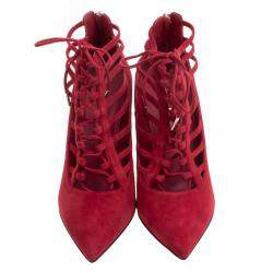 Pre Owned Le Silla Red Suede Caged Lace Up Ankle Boots Size 40