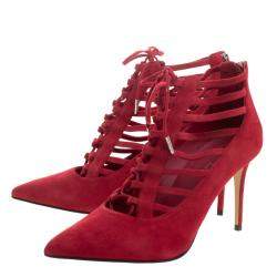 Pre Owned Le Silla Red Suede Caged Lace Up Ankle Boots Size 40