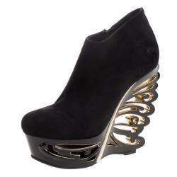 Pre Owned Le Silla Black Suede Butterfly Wedge Booties Size 40