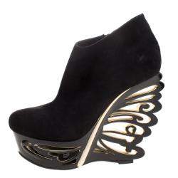 Pre Owned Le Silla Black Suede Butterfly Wedge Booties Size 40