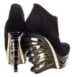 Pre Owned Le Silla Black Suede Butterfly Wedge Booties Size 40