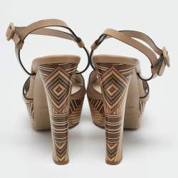 Le Silla Beige Printed Leather Ankle Strap Platform Sandals Size 39