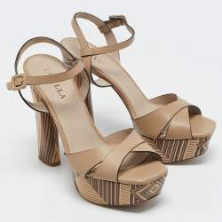 Le Silla Beige Printed Leather Ankle Strap Platform Sandals Size 39