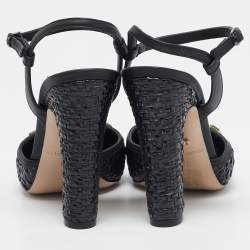 Le Silla Black Leather and Raffia Crystal Embellished Ankle Strap Sandals Size 36