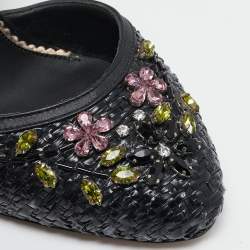 Le Silla Black Leather and Raffia Crystal Embellished Ankle Strap Sandals Size 36