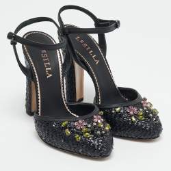 Le Silla Black Leather and Raffia Crystal Embellished Ankle Strap Sandals Size 36