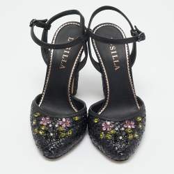 Le Silla Black Leather and Raffia Crystal Embellished Ankle Strap Sandals Size 36