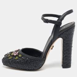 Le Silla Black Leather and Raffia Crystal Embellished Ankle Strap Sandals Size 36