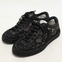 Le Silla Black Lace and Mesh Rhinestone Low Top Sneakers Size 37.5