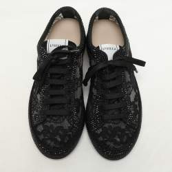 Le Silla Black Lace and Mesh Rhinestone Low Top Sneakers Size 37.5