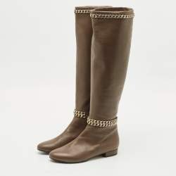 Le Silla Brown Leather Chain Detail Knee High Boots Size 37