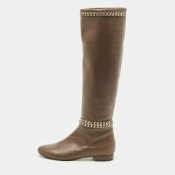 Le Silla Brown Leather Chain Detail Knee High Boots Size 37
