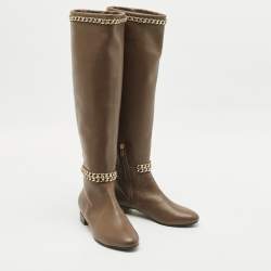 Le Silla Brown Leather Chain Detail Knee High Boots Size 37