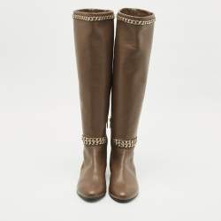 Le Silla Brown Leather Chain Detail Knee High Boots Size 37
