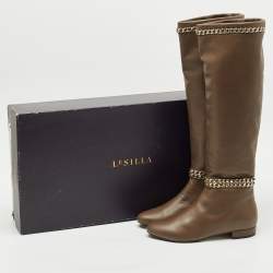 Le Silla Brown Leather Chain Detail Knee High Boots Size 37.5